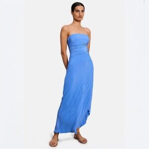A.L.C. Andie Strapless Midi Dress  Size 4 Coastal Blue Pleated Asymmetric‎ Hem